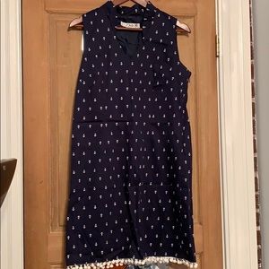 Navy Anchor Ruffle Neck Pom Pom Dress
